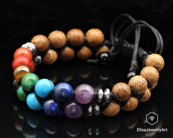 Healing 7 Chakra Beads & Wooden Beads Double Adjustable Bracelet Healing Gemstone Crystal Macrame Bracelets Healing Energy Gift for Him