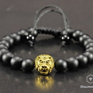 Men&#39;s Lion Beaded Bracelet Natural Black Onyx Protection Adjustable Shamballa Macrame Bracelet Gift For Him Her Christmas Gift