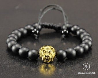 Men's Lion Beaded Bracelet Natural Black Onyx Protection Adjustable Shamballa Macrame Bracelet Gift For Him Her Christmas Gift
