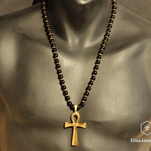 Ankh Cross & Natural Black Onyx Gemstone Protection Kralen Lange Macrame Verstelbare Ketting Cadeau Voor Hem Cadeau Voor Haar Cadeau Voor Moeder