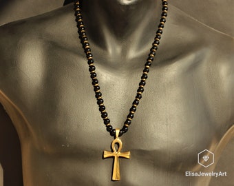 Ankh Cross & Natural Black Onyx Gemstone Protezione Perline Lunga Macrame Collana regalo regolabile per lui regalo per il suo regalo per la mamma