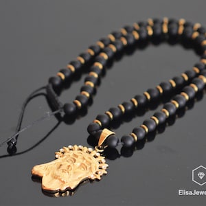 Gold Color Christ Jesus Pendant Natural Black Onyx Gemstone Protection Beaded Long Necklace Gift For Him Gift For Her Christmas Gift