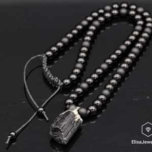 Raw Tourmaline Pendant Natural Black Onyx Gemstone Protection Stone Necklace Black Men's Necklace Gift For Him Unisex Necklace image 1