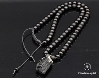Raw Tourmaline Pendant Natural Black Onyx Gemstone Protection Stone Necklace Black Men&#39;s Necklace Gift For Him Unisex Necklace