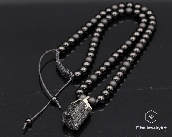 Collier En Tourmaline Noire & Obsidienne – Pierre De Protection, Cordon Coton 40 Cm, Pour Homme Et Femme