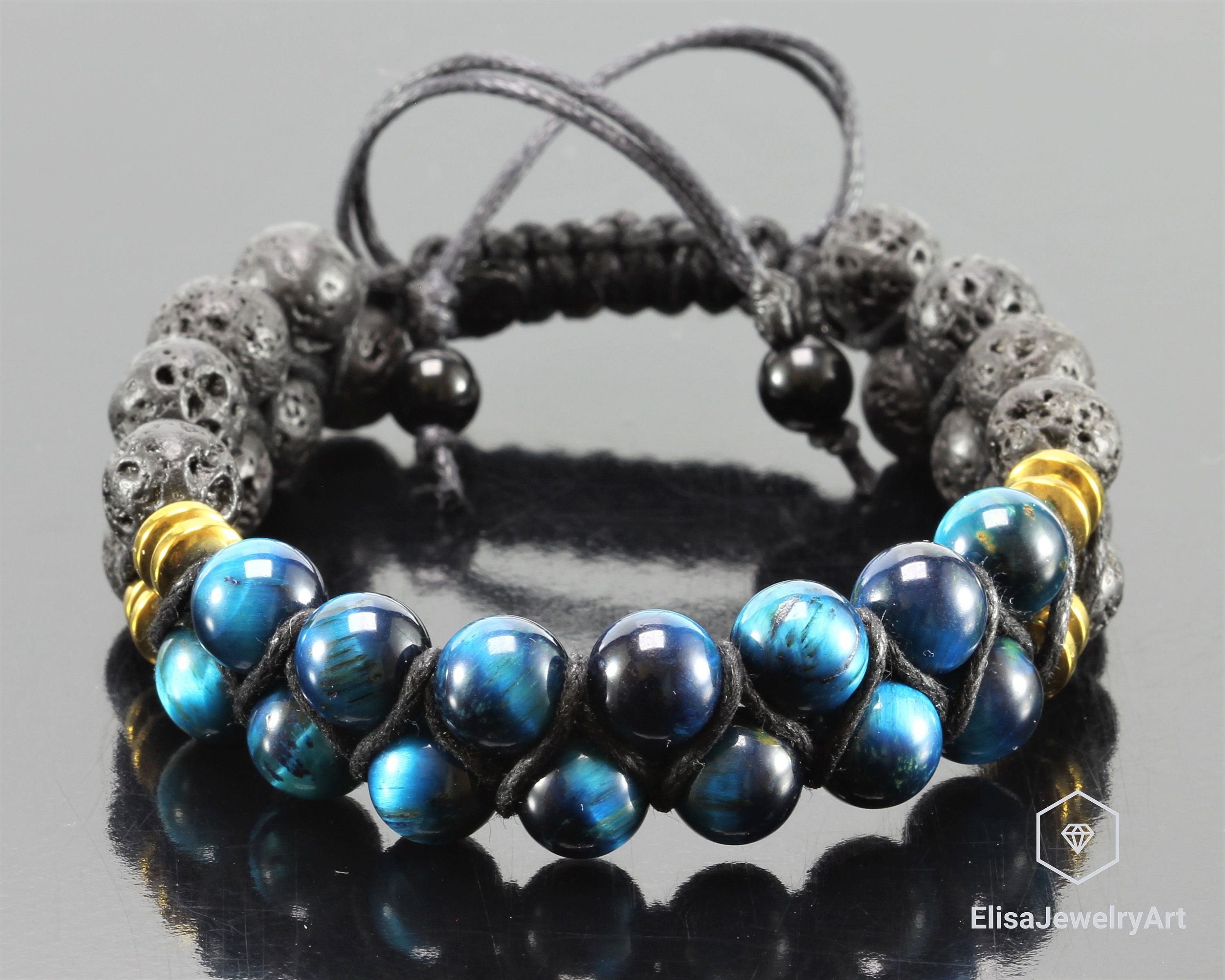 Natural Blue Tiger Eye Black Lava Beaded Adjustable Bracelet - Etsy