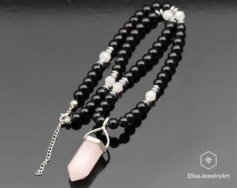 Meditation Necklace Big Pointed Natural Rose Quartz Necklace Natural Black Onyx Gemstone Emotion Necklace Gift For Him Gift For Her