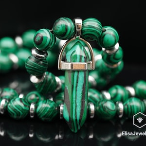 Stone of Balance Necklace Pointed Malachite Pendant Natural Malachite Beaded Abundance, Memory Necklace  Birthstone Necklace Christmas Gift