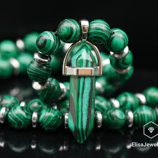 Collier Pierre d’Équilibre Pendentif Malachite Pointu Malachite Perlé Abondance, Collier Mémoire Pierre de Naissance Collier Cadeau de Noël