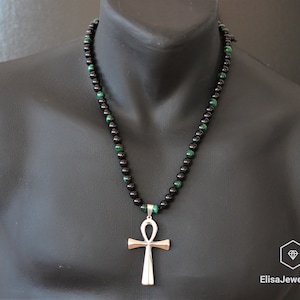 Protection Natural Green Tiger Eye & Black Onyx Beads Big Ankh Cross Stainless Steel Pendant Necklace Long Necklace Protection Healing