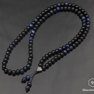 Natural Blue Tiger Eye Beaded 108 Mala Necklace, Black Onyx Gemstone, Healing Crystal, Yoga Tassel Macrame Necklace, Boho Gemstone Rosary