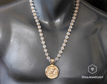 Eule Münze Anhänger Halskette Natürliche Klar Quarz Perlen Chakra Halskette Birthstone Weihnachtsgeschenk Unisex Halskette Valentinstag Geschenk