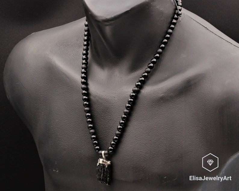 Raw Tourmaline Pendant Natural Black Onyx Gemstone Protection Stone Necklace Black Men's Necklace Gift For Him Unisex Necklace image 5