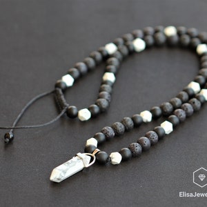 Damen natürliche Howlite Perlen Halskette Onyx, Lava Perlen Halskette Howlite Kristall Anhänger Makramee Perlen Halskette verstellbar unisex Männer