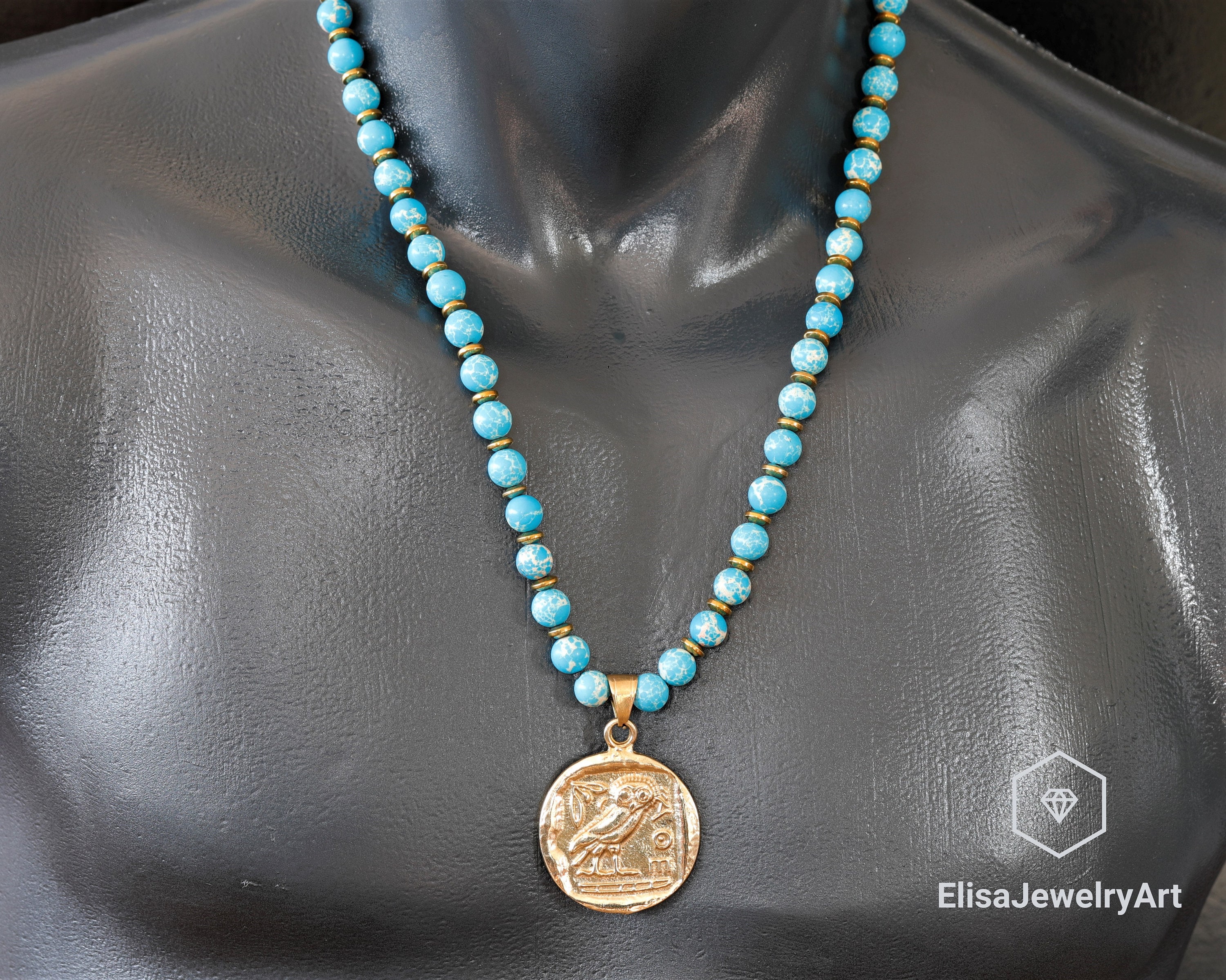 Owl Coin Madalion Pendant Necklace Pendant Natural Blue Imperial