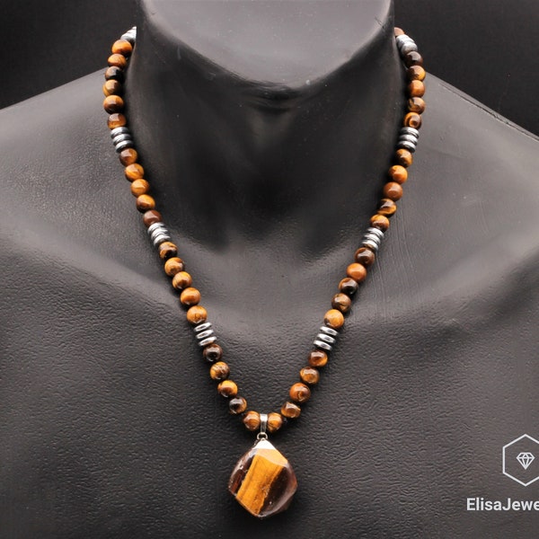 Men's Protection Necklace Natural Raw Tiger Eye Beads Necklace Beaded Adjustable Long Necklace Gift For Men Christmas Gift For Father