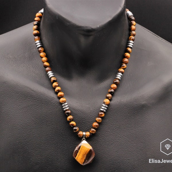 Collana di protezione uomo Natural Raw Tiger Eye Perline Collana Perline Regolabile Collana Lunga Regalo Per Uomo Regalo di Natale per padre