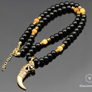 Tiger Tooth Necklace Men&#39;s Natural Gold Tiger Eye Black Onyx Beaded Long Adjustable Healing Gemstone Gift For Him Unisex Valentine&#39;s Gift