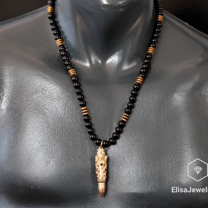 Zirconia Bullet Necklace Stailess Steel Pendant Black Onyx Hematite Beaded Best Friend Gift Bohamian Necklace For Him Unisex Christmas Gift