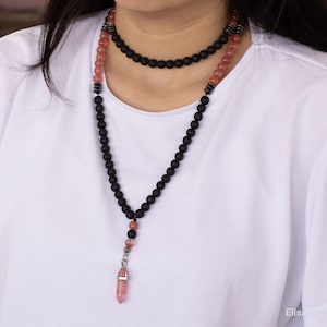 Natural Rose Quartz Beaded 108 Mala Necklace, Lava Stone Gemstone, Healing Crystal, Unique Boho Gemstone Mala, Crystal Long Necklace Gift