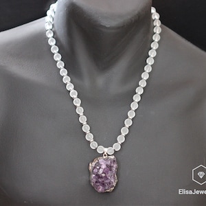 Women's Natural Raw Amethyst Pendant Necklace Quartz Beaded Gemstone Healing Beaded Best Friend Gift Necklace For Her Christmas Gift