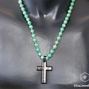 Cross Necklace Natural Green Imperial Jasper Beaded Necklace Healing Crystal Gemstone Strong Clasp Necklace Protection Necklace