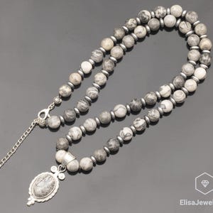 Natural Gray Picasso Jasper Silver Pendant, Gray Jasper Beaded 925 Sterling Silver Necklace, 18x13 Pendant, Unique Jewelry, Genuine Crystal