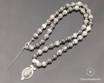 Natural Gray Picasso Jasper Silver Pendant, Gray Jasper Beaded 925 Sterling Silver Necklace, 18x13 Pendant, Unique Jewelry, Genuine Crystal