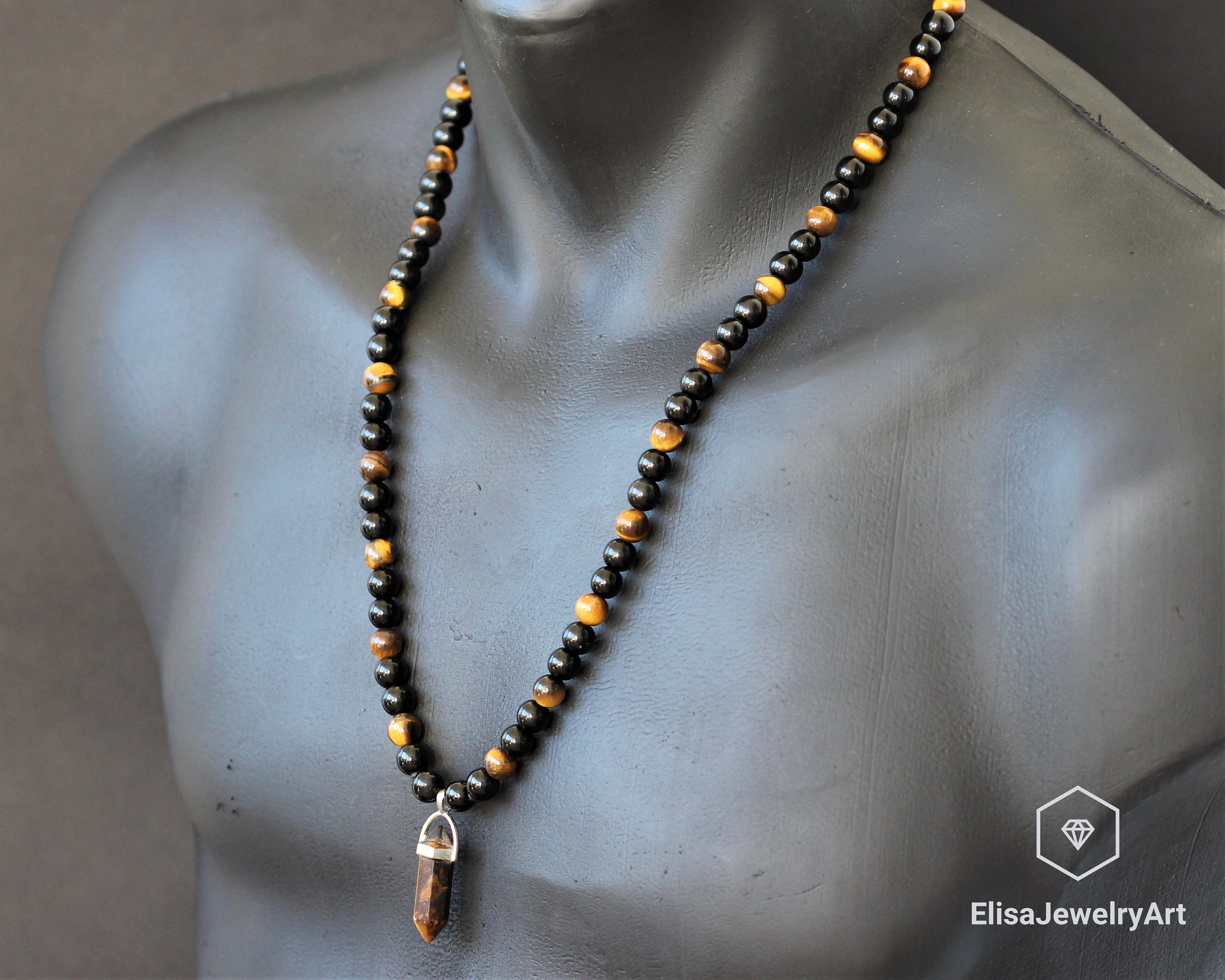 thumbnail image 2 of Men's Natural Stone Beaded Necklace - Tiger Eye & Obsidian - Stainless Steel Clasp 2 of 4