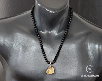 Unique Natural Citrine Pendant Necklace Black Onyx Genuine Crystal Beaded Bohemian Necklace Mother's Day Gift Clearing Necklace