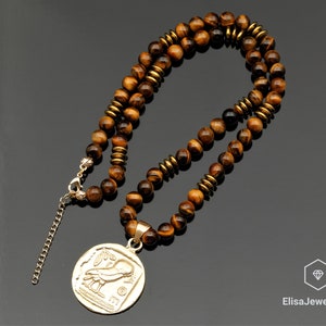 Owl Coin Pendant Necklace Natural Tiger Eye Hematite Beaded Birthstone Emotional Calming Necklace For Him Unisex Christmas Gift