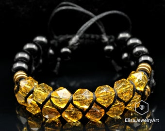 Bracelet en macramé de perles de citrine naturelle et d'onyx noir unique spécial Protection Emotion Yoga Mala Bracelet pour homme Bracelet pour femme Bracelet en cristal