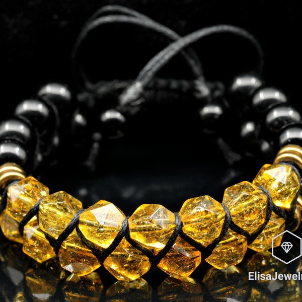 Spécial Unique Citrine Naturelle & Noir Perles d’Onyx Macramé Protection Emotion Yoga Mala Bracelet Homme Bracelet Femmes Bracelet Cristal