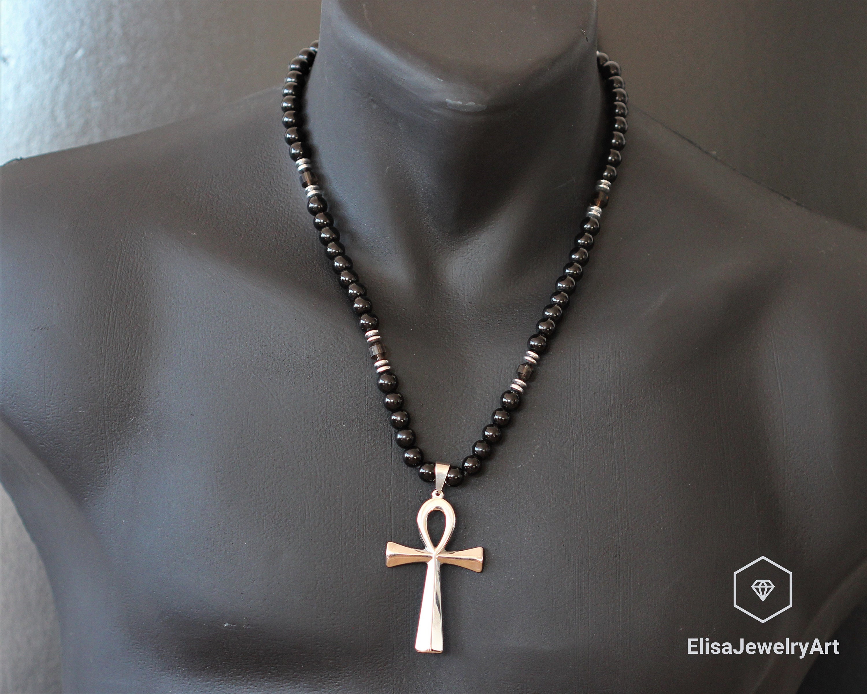 日本未入荷☆KING ICE☆Gold Onyx Beaded Ankh Cross Necklace Iced Apep and Ankh Necklace | Egypt Pieces | King Ice
