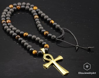 Ankh Cross & Natural Tiger Eye Black Onyx Lava Gemstone Protection Perlé Long Macrame Cadeau collier réglable pour lui cadeau pour elle
