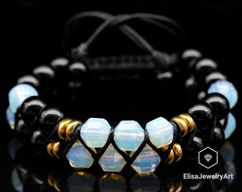 Energy Of Love Bracelet Natural Opal & Black Onyx Beaded Macrame Birthstone Men&#39;s Bracelet Women&#39;s Bracelet Father&#39;s Day Gift