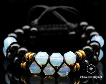 Bracciale Energy Of Love Natural Opal & Black Onyx Beaded Macrame Birthstone Bracciale Uomo Bracciale Donna Regalo per la festa del papà