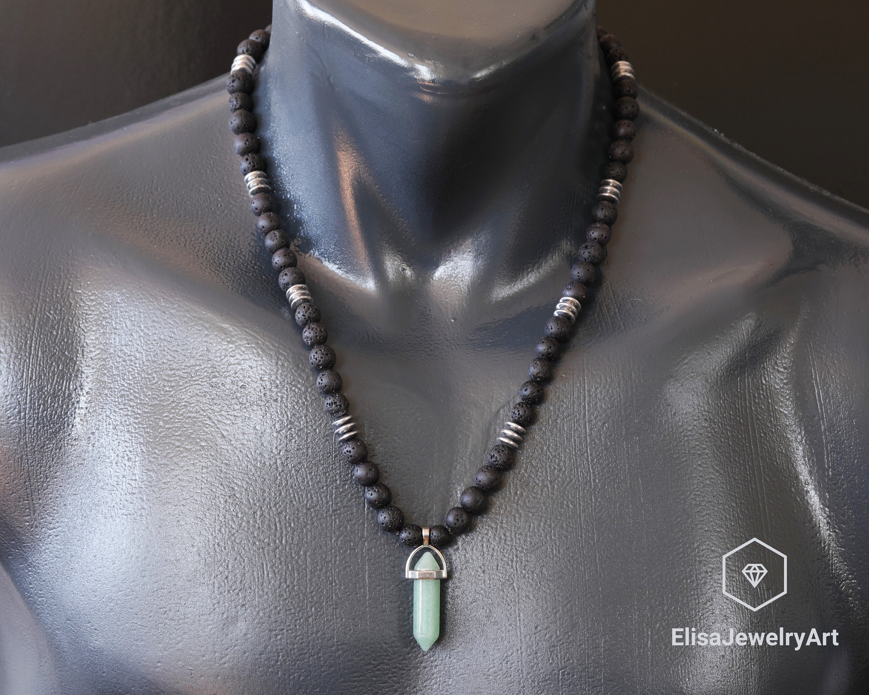 Good Luck Necklace Pointed Aventurine Pendant Black Lava Hematite Beaded Birthstone Necklace For Him Unisex Christmas Gift Black Necklace