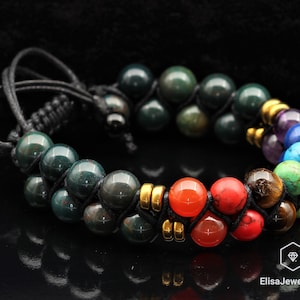 Protection BloodStone Healing 7 Chakra Beads Double Bracelet Adjustable Healing Crystal Macrame Bracelets Energy Gift for Him Gift For Mom
