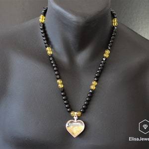 Power Necklace Heart Citrine Pendant Beads Necklace Citrine & Black Onyx Beaded Adjustable Long Necklace Gift For Men Christmas Gift