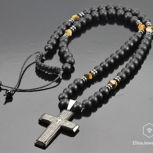 Cross Necklace Men&#39;s Natural Tiger Eye Black Onyx Beaded Protection Long Adjustable Healing Gemstone Macrame Necklace Gift For Him Unisex