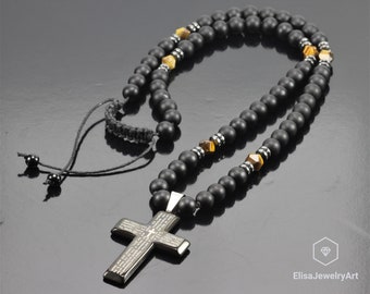 Cross Ketting Heren Natural Tiger Eye Black Onyx Kraaled Bescherming Lang verstelbaar Helende Edelsteen Macrame Ketting Cadeau voor hem Unisex