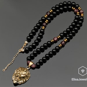 Brass Lion Pendant Natural Red Garnet & Black Onyx Beaded Necklace Honesty Gemstone Necklace Love Necklace