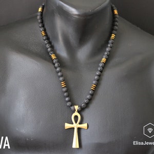 Ankh Cross & Natural Black Onyx Gemstone Protection Beaded Long Macrame Adjustable Necklace Gift For Him Gift For Her Gift For Mom Lava