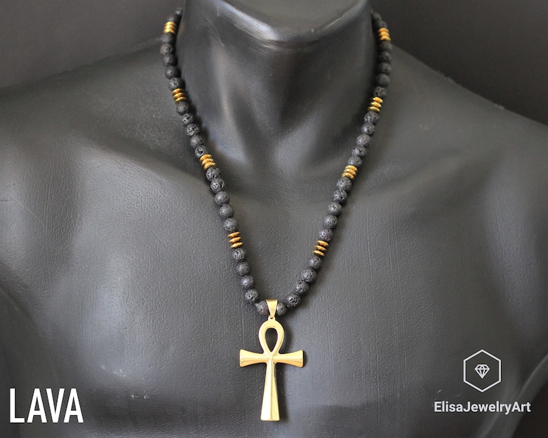 Ankh Cross & Natural Black Onyx Gemstone Protection Beaded Long Macrame Adjustable Necklace Gift For Him Gift For Her Gift For Mom Lava