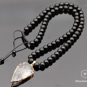Collar colgante de cuarzo de punta de flecha natural para hombres Black Onyx Gemstone Healing Beaded Best Friend Gift Necklace For Her Christmas Gift