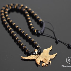 Gold Color Eagle & Natural Black Onyx Gemstone Protection Beaded Long Macrame Adjustable Necklace Gift For Him Gift For Her Christmas Gift