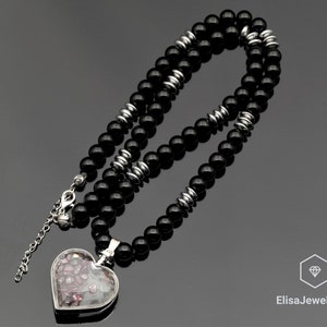 Trust Necklace Natural Red Garnet Heart Pendant Black Onyx Hematite Beaded Birthstone Necklace Black Necklace Christmas Gift For Him Unisex