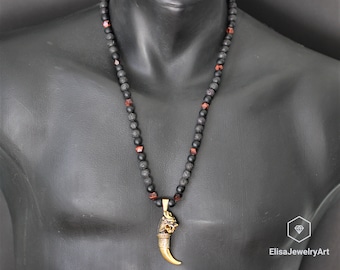 Tiger Tooth Necklace Men&#39;s Natural Red Tiger Eye Beads Necklace Onyx Lava Beaded Protection Necklace Gift For Him Christmas Gift For Father