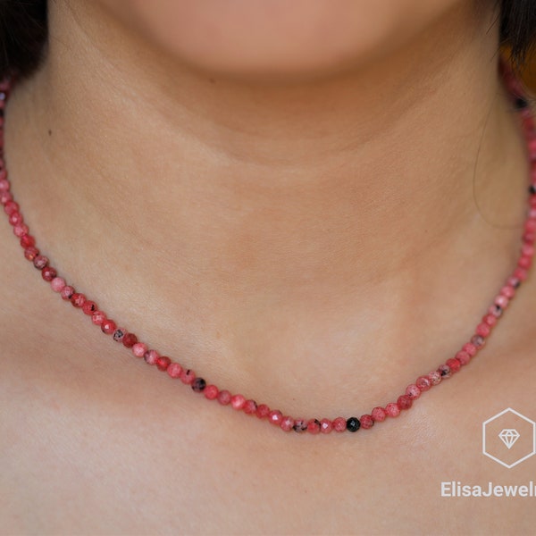 Natural 3mm Rhodochrosite Choker Adjustable Rhinestone Necklace Beaded Necklace Healing Gemstone Gift For Him Gift For Her Mother's Day Gift